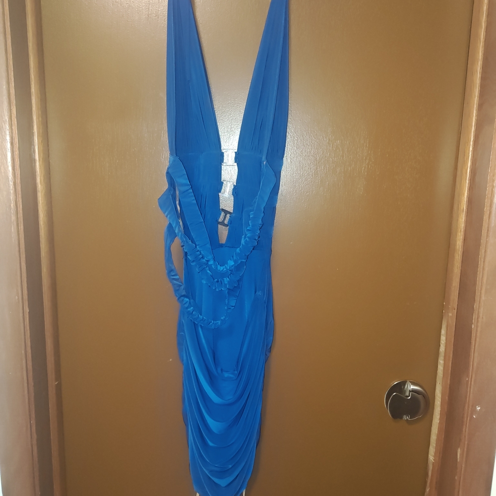 Elegant Blue Draped Halter Dress